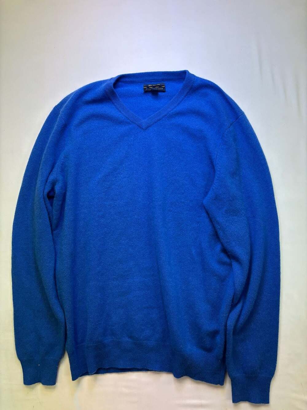 Lands End Sweater Mens Large Blue Lambs Wool V Neck Knit Scotland